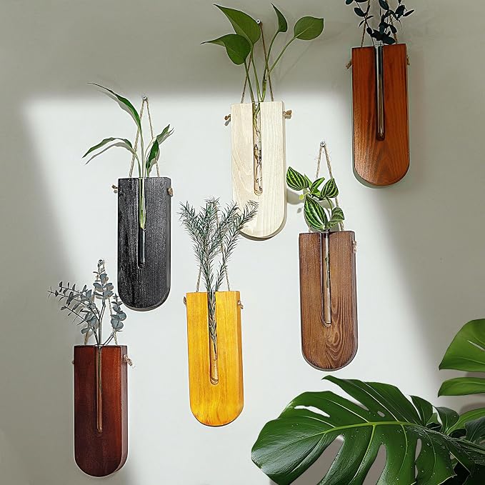 6 Pack Wall Planters for Indoor Plants, Wooden Hanging Planter, Propagation Station, Wooden Pocket Vase, Wood Wall Decor for Living Room Bedroom Bathroom