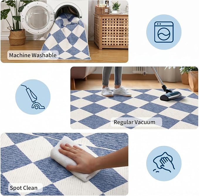GarveeHome Checkered Hallway Runner Rug 2.5x8 Navy Blue Kitchen Rug | Long Non Slip Soft Diamond Print Entryway Rug Thin Laundry Mat Stain Resistant Carpet for Bedroom Bathroom Beside