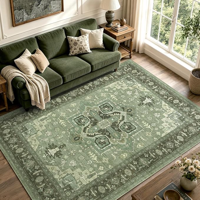 5x7 Ft Area Rugs for Living Room, Soft Non-Slip Machine Washable Rug, Vintage Stain Resistant Carpets for Bedroom Nursery Dining Room Home Decor (Green)