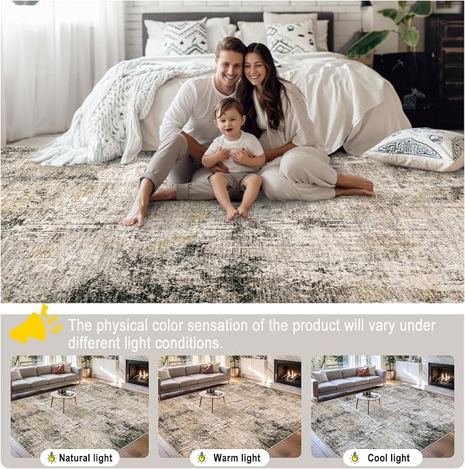 PLHXFR Area Rug Living Room: 5x7 Abstract Washable Carpet Brown Black | For Bedroom Dining Room Farmhouse Nursery Home,Machine washable,Non Slip,Large Soft Neutral,Stain Resistant, Indoor Floor