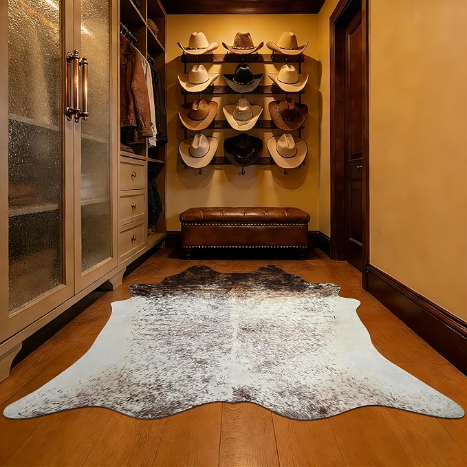 4x5 Cowhide Rug, Washable Faux Brown and White Hide Area Rugs for Bedroom, Southwestern Odd Shape Animal Print Carpet for Under Coffee Table Nursery, Faux Cowhide Fabric Decor