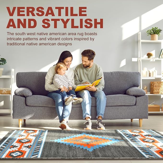 YHSF Southwestern Area Rug - Anti Static & Washable - Lead, 2 ft x 3 ft | Soft Native American Tribal Floor Rugs for Living Room, Bedroom, Hallways, and More - Easy-to-Clean Home Decors