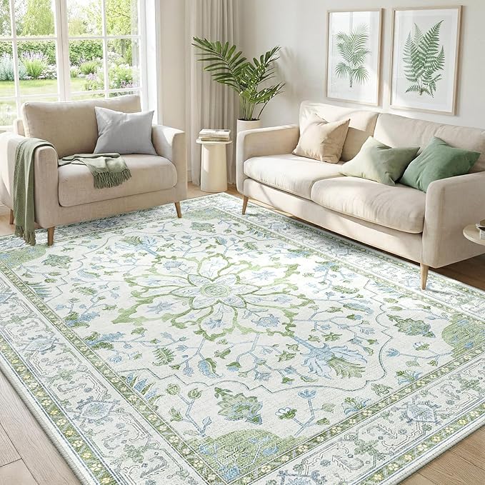 RELEANY Washable Area Rug, 5'x7', Green/White/Blue | Non-Slip, Water Repellent, Pet Friendly, Easy to Clean, Vintage Floral Boho Decor for Living Room Bedroom Dining Room Office