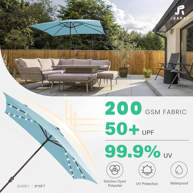 JEAREY 8x10 ft Rectangular LED Lighted Patio Umbrellas Outdoor Solar Table Market Umbrella w/Crank, 8 Sturdy Ribs, UV Protection Waterproof Sunproof(Lake Blue)