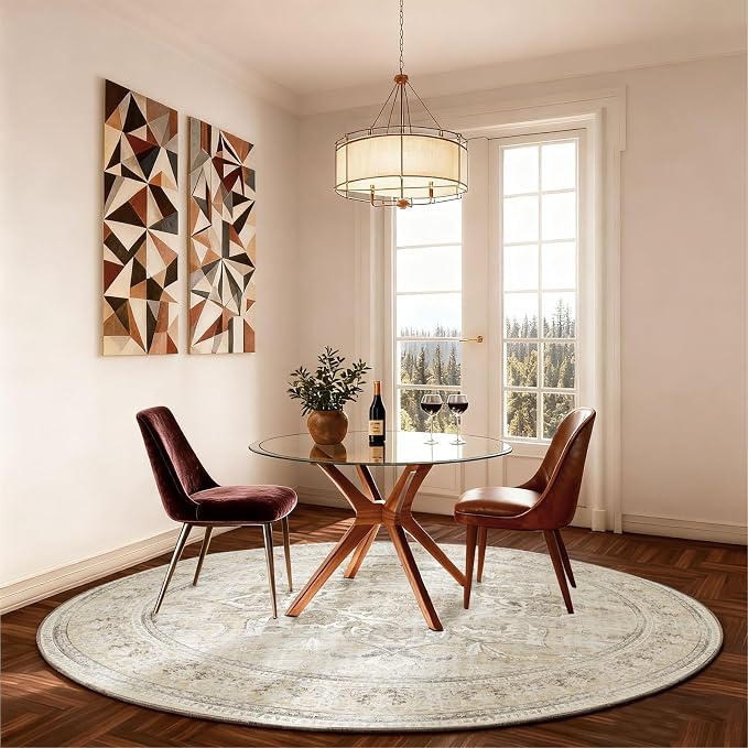4ft Washable Round Rugs for Bedroom: Circle Living Room Rug Boho Vintage Non Slip Low Pile Soft Faux Wool Non Shedding Small Circular Rug for Kitchen Entryway Bathroom Bedside Office Dorm Kids Room