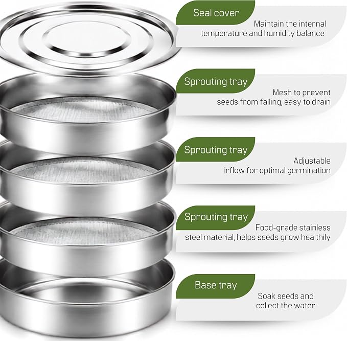 Stainless Steel Sprouting Tray 7,9'' - Round 4-Tier Seed Gardening Planter for Microgreens Broccoli Sprouts Growing Kit Microgreens Tray Germination