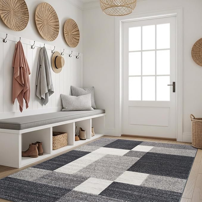 Rugshop Geometric Boxes Non-Slip Modern Living Room Area Rug Gray 6'6" x 9' | Non-Shedding, Rectangular, Size 6'6" x 9', Bedroom, Dining Room, Home Office, Kitchen, Entryway, Hallway, Nursery, Kids Room