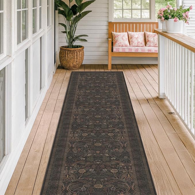 Washable Long 2x10 Hallway Runner Rug - 10ft Floral Foyer Rugs for Entryway, Traditional Botanical & Sunflower Kitchen Floor Mats (Brown and Black)