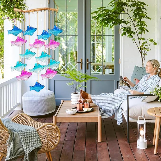 28.5" Blue Glass Sea Wind Chimes for Outdoor, Handcrafted Fish Wind Chimes for Outside, Small Unique Suncatcher Hanging Windchimes for Garden Patio Yard Beach Party Wedding Decor Women Gift