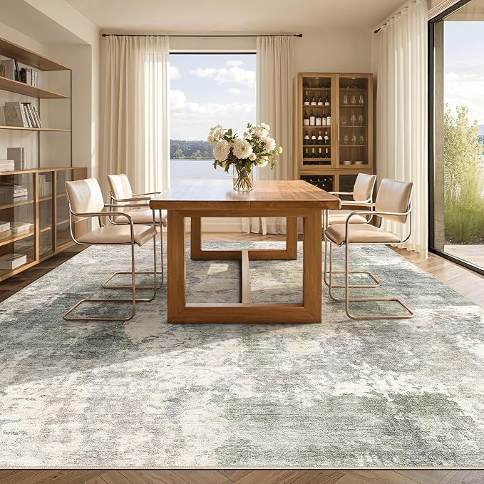 Tortania Washable 12x18 Area Rug for Living Room: Modern Abstract Neutral Large Soft Thin Rugs - Non Slip Indoor Carpet for Bedroom Dining Room Office Nursery Home Floor Decoration - Gray Green
