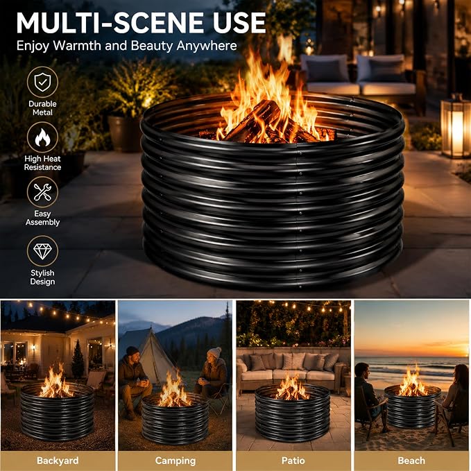 Jotesnew 48 inch Fire Pit Ring, 4x4x2FT Galvanized Fire Ring, Wood Burning Fire Pits Ring, Outdoor Fireplace Height 2FT, Round Camp Fire Ring, Bonfire Pit for Camping, Backyard (4x4x2FT)