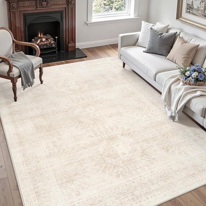 4x6 Area Rugs Living Room: Bedroom Neutral Washable Carpet Beige | Large Vintage Boho Indoor Decor Carpets Soft Nursery Farmhouse Dining Room Office Floor Non-Slip Low Pile Under Table Rug