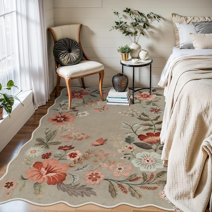 Lahome Floral Washable Rugs for Bedroom, 4X6 Area Rug Soft Living Room Rug | Ultra-Thin Non-Slip Classroom Stain Resistant Lightweight Boho Low-Pile Throw Carpet for Office Flore, Brown