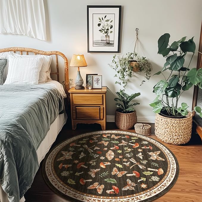 Mushroom Insect 5ft Round Rug Washable Non-Slip Soft Ultra-Thin Small Boho Circle Carpet for Entryway Kitchen Bedroom Nursery Dining Room Brown