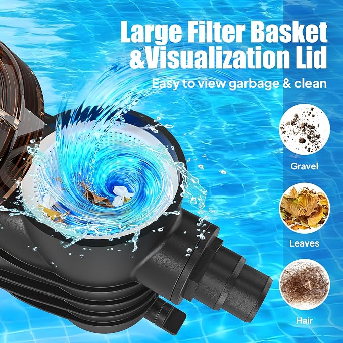VINGLI 0.5 HP 2642 GPH Pool Pump, 110V Single Speed Self Priming Swimming Pool Pump, Powerful Copper Motor Swimming Pool Pump with Filter Basket for Above Ground Pools Spas, US Plug