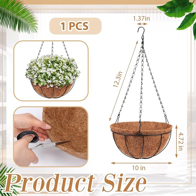 Dandat 1 Piece 10 Inch Metal Hanging Planter Basket with Coconut Coir Liner Metal Wire Plant Holder Chain Watering Outdoor Hanging Pots Flower Pot Hanger for Porch Indoor Outdoor Garden Decorations