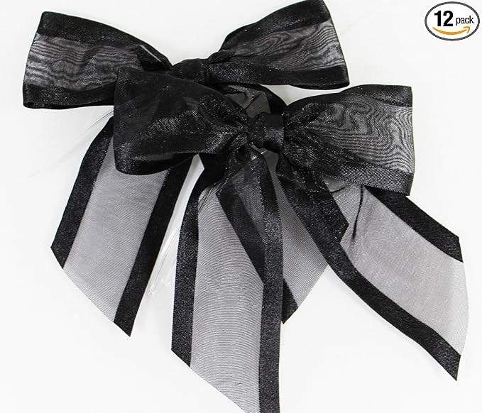 Black Pre-Tied Organza Bows with Twist Ties. Pack of 12 Satin-Edged Fabric Bows Made of 1-1/2" Ribbon. Bow Measures 4" Wide (12, Black)