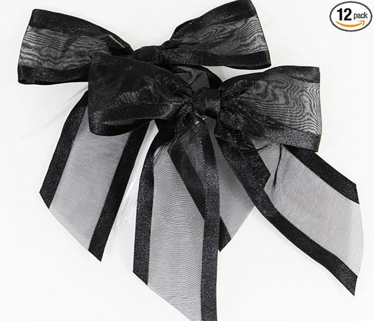 Black Pre-Tied Organza Bows with Twist Ties. Pack of 12 Satin-Edged Fabric Bows Made of 1-1/2" Ribbon. Bow Measures 4" Wide (12, Black)