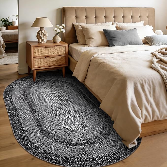RUGSREAL 5x8 Oval Washable Rug Living Room Modern Border Bedroom Area Rugs | Non Slip Low Pile Dining Room Goemetric Oval Throw Carpet Contemporary Rugs for Living Room Kitchen Nursery, Black