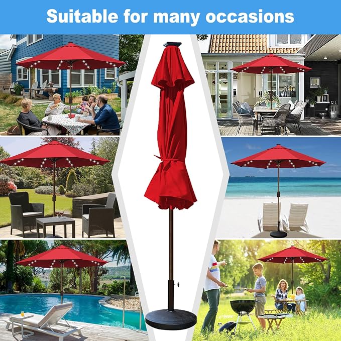Eurmax USA 10-Year-Non-Fading 10FT Outdoor Patio Market Umbrella with LED Lights,UPF50+ UV Resistant,Heavy Duty Commercial Grade,Crank Lift Design,Windproof Vented Top for Garden,Pool,Deck,Logo Red