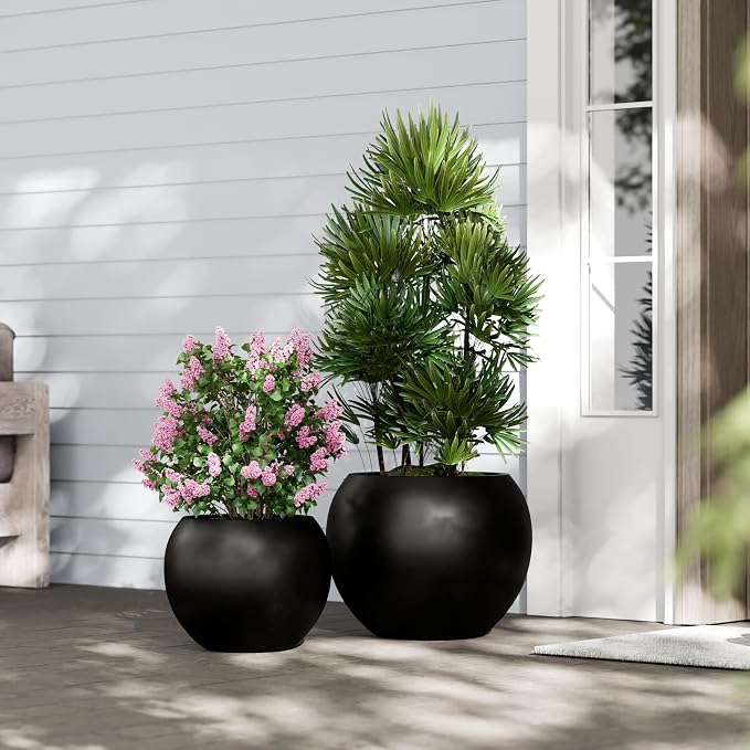 DTY Fiberstone Globe Planter Indoor Outdoor — Lightweight Sphere Ball Pot for Olive Tree, Monstera & Palm | Fiberglass Stone | UV Resistant, Drainage Hole | 2 Coco Mats | Black | 12.6" D × 10" H