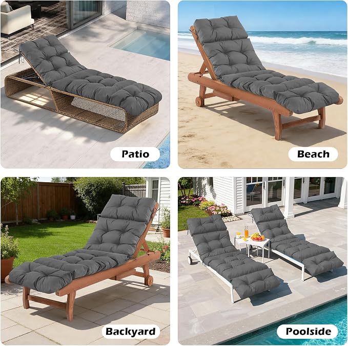 Chaise Lounge Cushions Outdoor, Waterproof & Fade Resistant Patio Lounge Chair Cushions for Outdoor Furniture, Chaise Cushion with Ties for Patio, Pool, Lawn and Beach, 75.1x22.8x4.7 Inch, Dark Grey