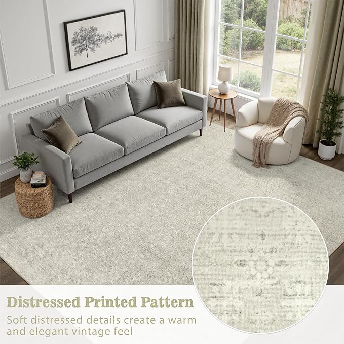 DCX Washable 10x14 Beige Rug, Stain Resistant Rubber Back Non Slip Rug | Kid & Pet Friendly Neutral Floral Rug for Living Room, Bedroom, Home Office, Soft Low Pile Large Nursery Carpet