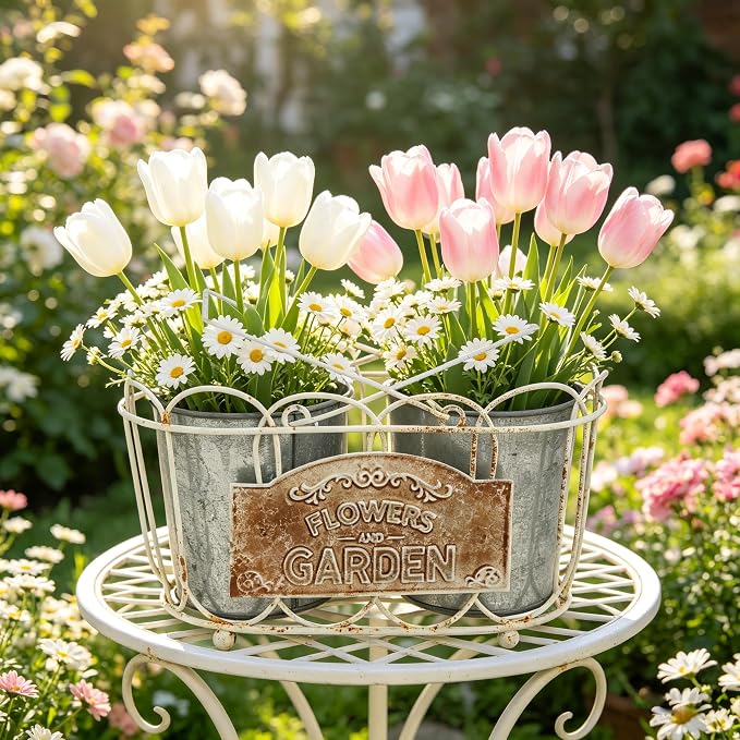 Vintage White Iron Planter Basket with 2 Metal Flower Pots - Rustic Farmhouse Plant Holder for Indoor Outdoor Balcony, Window Sill, Tabletop Decor (White#4)