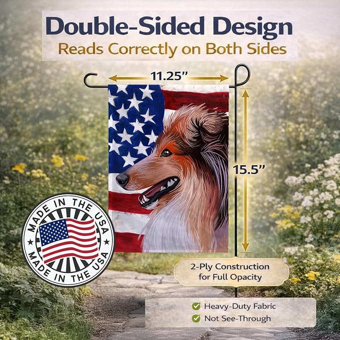 Caroline's Treasures CK6694GF Scotch Collie Dog American Flag Garden Flag Mailbox Flag Decorative Yard Flag Banner Outside Patio Artwork Yard Flower Beds, Garden Size, Multicolor