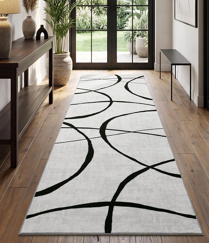 2x6 Washable Modern Black White Kitchen Runner Rug | Ultra-Thin Low Pile, Non-Slip TPE Backing, Soft Stain Resistant, Machine Washable, for Bedroom Livingroom High Traffic