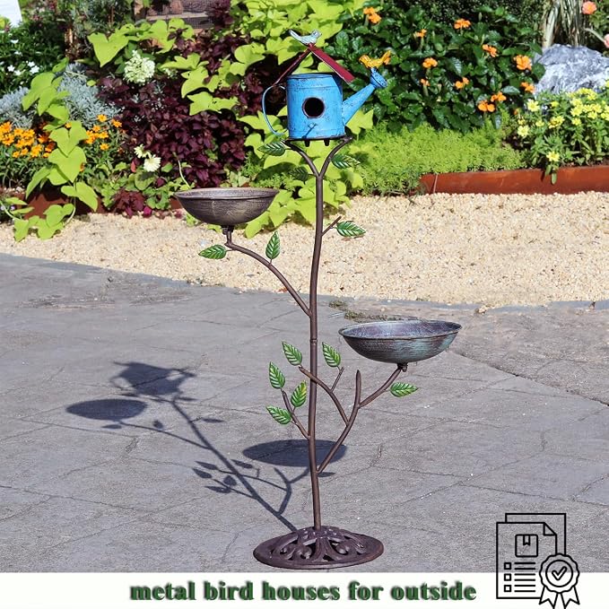 39" H Metal Birdhouse Outdoor, Birdhouse Pole – Integrates Bird Feeder and Bird Bath, 3-in-1 Multi-Functional for Yard Decorations Outdoor, Cast Iron Base