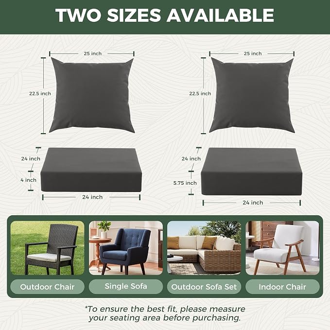 Outdoor Cushions for Patio Furniture, Outdoor Seat Cushion Set 24 x 24 x 5.75 Inch, Waterproof & Fade Resistant Outdoor Chair Cushions, Deep Patio Chair Cushion with Removable Cover, Dark Grey