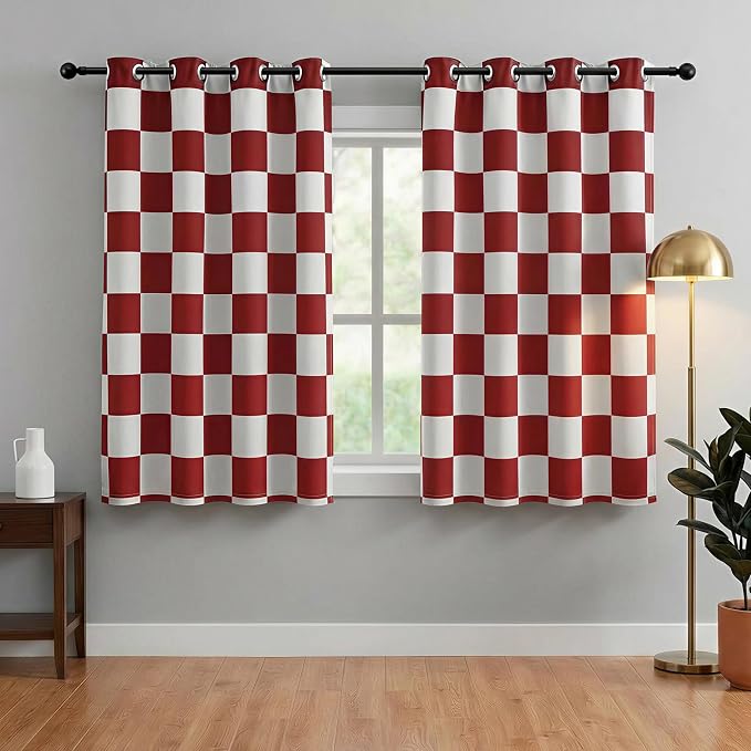 BOMOHOCASA 100% Blackout Checkered Curtains – 2 Panels, Each W52×L96, Thermal Insulated, Nosie Reducing for Bedroom, Modern Cabin Red and White Checkerboard Design