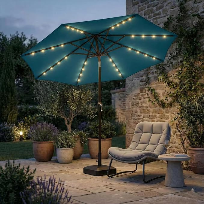 Kingdura 9FT Outdoor Patio Umbrella with Solar Lights, Market Table Umbrella with Push Button Tilt & Crank, 8 Sturdy Ribs, 32 LED Lights, UV Protection for Garden Lawn Deck Backyard Pool (Lake blue)