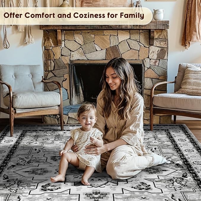 LBRO2M Machine Washable Rug Soft Pet Friendly Carpet 5X7 Light Gray | Area Rug 5X7 for Living Room, Bedroom, Dining Room, Home Office, Non Slip Carpet, Foldable Stain Resistant Rugs