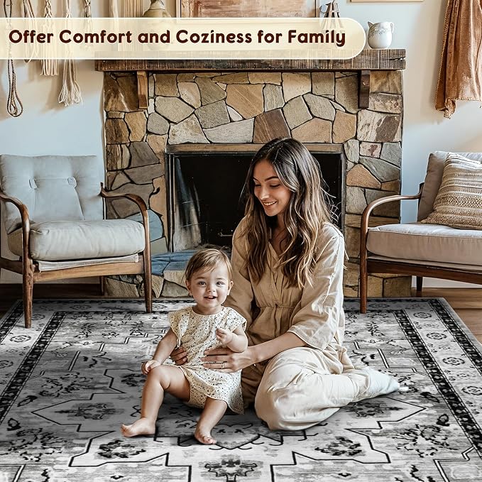 LBRO2M Machine Washable Rug Soft Pet Friendly Carpet 5X7 Gray | Persian Rug 5X7 for Living Room, Bedroom, Dining Room, Home Office, Non Slip Carpet, Foldable Stain Resistant Rugs
