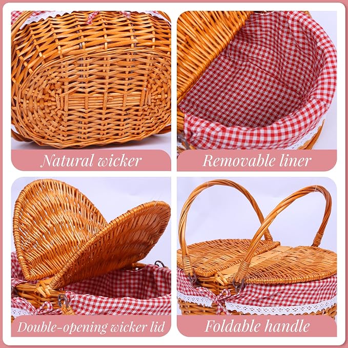 Wicker Picnic Basket with Handle, 15" Large Picnic Basket with Lid & Removable Liner, Vintage Hand Woven Basket with Cutlery Set for Picnics, Camping, Thanksgiving, and Birthday