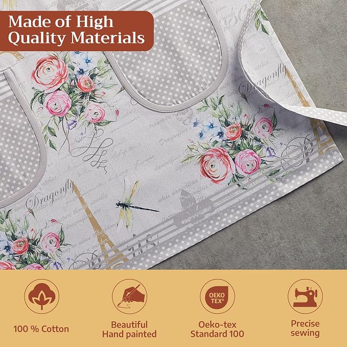 Maison d' Hermine Aprons for women with Pocket 100% Cotton (27.50"x31.50") | Adjustable Neck Strap & long ties Apron Men Chef Wedding Cooking Gardening Server Maid