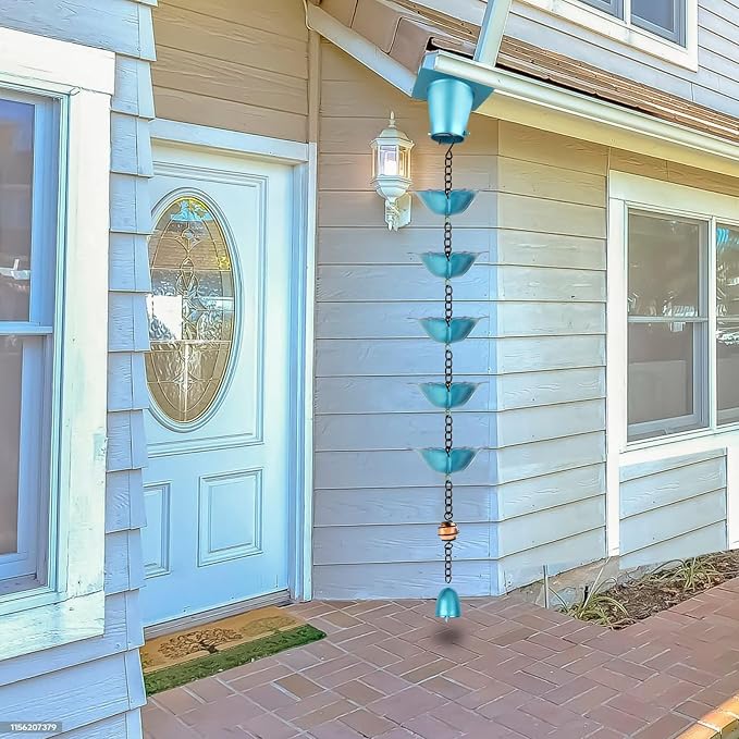 8.2FT Wrought Iron Rain Chain, Blue with Purple Accents, 16 Flower Cups, Gutter Adapter & Decorative Bell, Outdoor Garden Decor