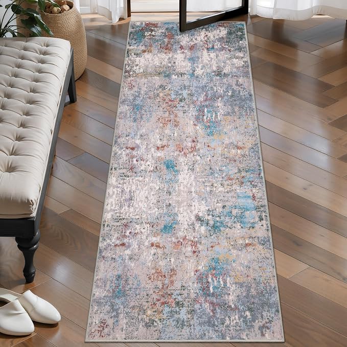 Tangsoo Modern 2x5 Washable Runner Rug, Abstract Runner Rug Non Slip | Indoor Soft Low Pile Accent Rug, Print Carpet Runners for Hallway Entryway Bedroom Kitchen Bathroom Blue Grey Home Decor