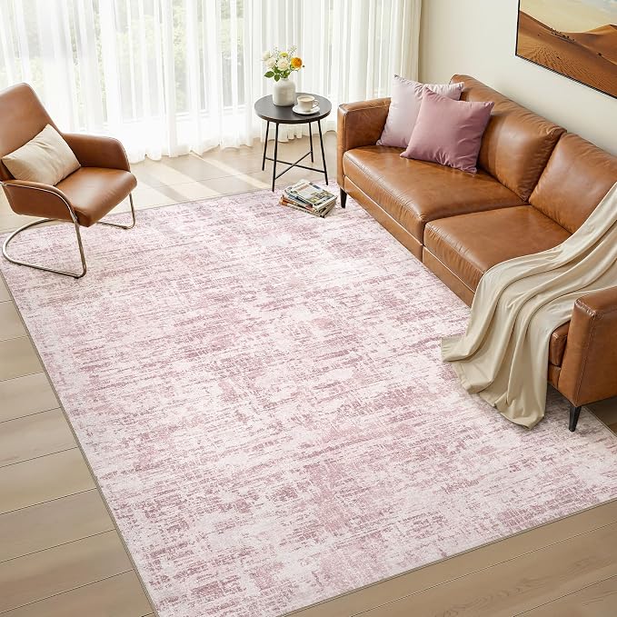 Nakagishi 6X9 Abstract Washable Area Rugs for Living Room-Pink | Modern Non-Slip Silicone Backing Low Pile Soft Carpet for Bedroom Dining Decor Ideal for Families with Kids and Pets