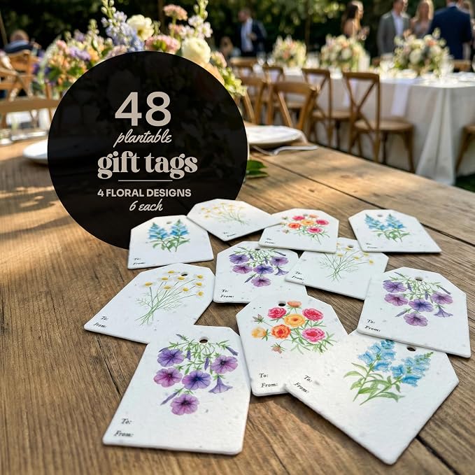 48Pcs Plantable Seed Paper Tags with Wildflower Seeds 4 Floral Designs 12 Each Thank You Tags for Birthdays, Weddings, Baby Shower, Bridal Shower, Teacher, Wrapping Tags, Party Favors