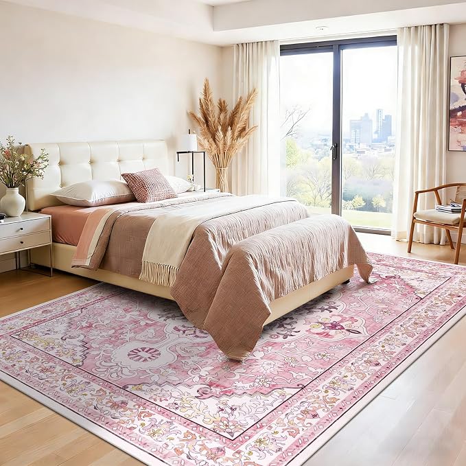 U'Artlines Boho Vintage Area Rug 8x10 Machine Washable Carpet, Pink | Low Pile, Non Slip, Ultra-Thin Soft Floor Carpet, Accent Rug for Living Room Bedroom Entryway Dining Room Office