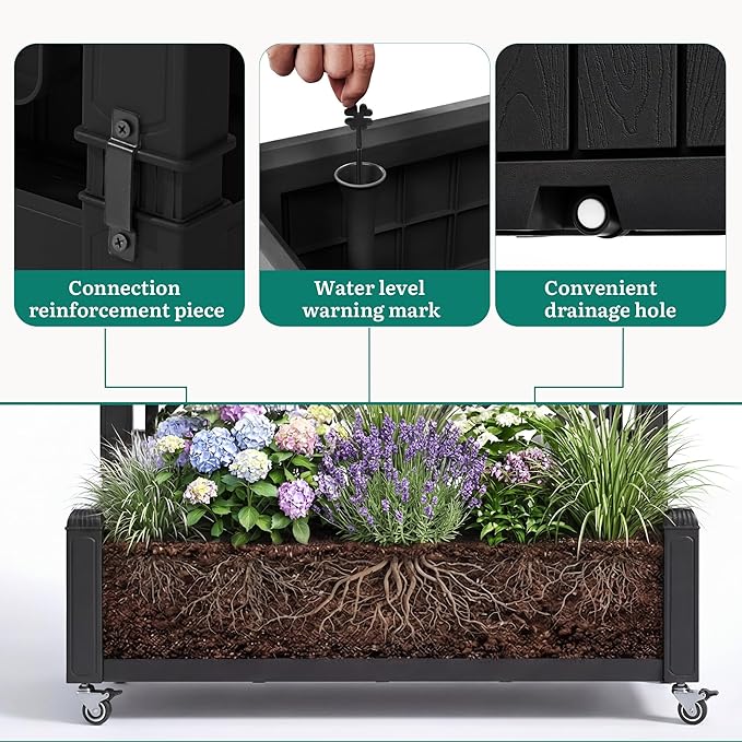 YITAHOME 3.6x1.5x5 FT Planter Box Trellis with Wheels, Large Outdoor Plastic Raised Garden Bed with Drain Plug for Climbing Plants, Black