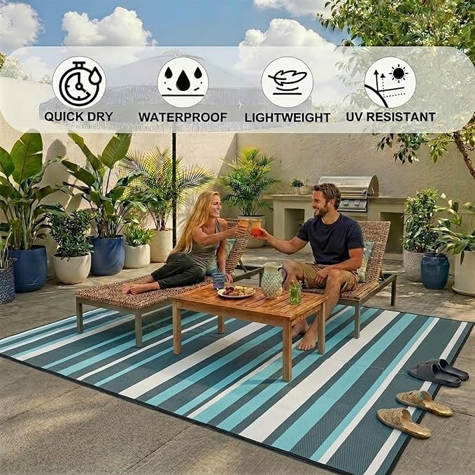 Outdoor Rug Camping Essentials - 5x8 FT Outdoor Plastic Straw Rug for Patio Clearance, Waterproof RV Essentials Outside Area Rug for Deck Garden, Backyard Patio Furniture Set, Dark Grey & Blue