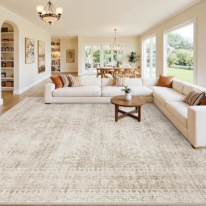 Area Rugs 9x12 Living Room: Bedroom Neutral Washable Carpet Brown | Vintage Boho Soft Small Indoor Decor Floor Non-Slip Low Pile Neutral Farmhouse Entryway Laundry Bathroom Bedroom Beside Rugs