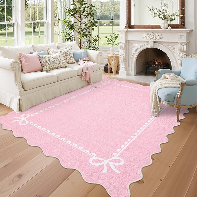 COZYLOOM Washable Kids Room Rug 9x12 Scalloped Rugs for Living Room, Pink | Rubber Backing Modern Bow Print Stain Resistant Non Shedding Low Pile Soft Bordered Area Rug for Dining Room Bedroom Nursery