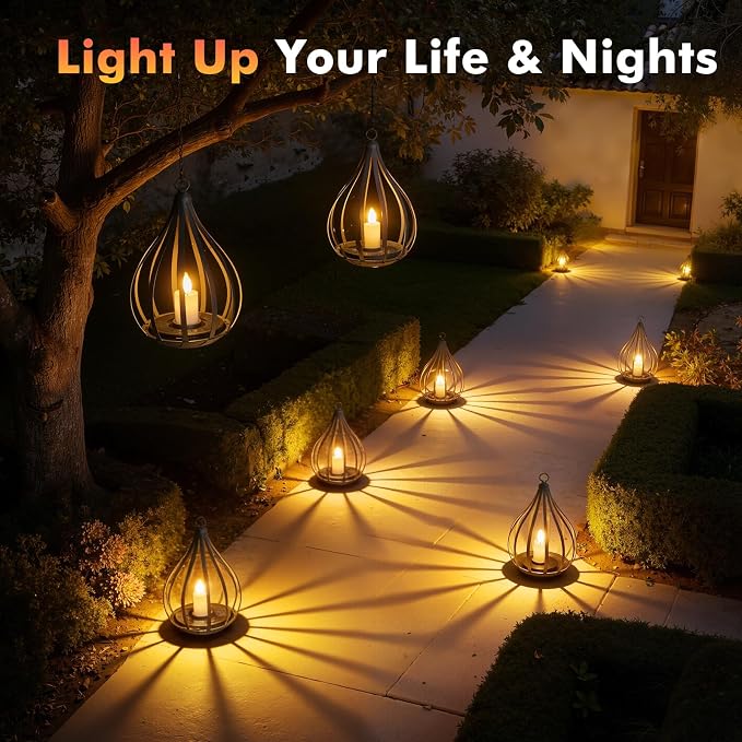 Solar Lanterns Outdoor Waterproof,Hanging Solar Lights Outdoor with Flickering Flameless Candle,Gifts for Women Mom Grandma,Outdoor Solar Lanterns for Garden Patio Backyard Pathway Decor, 2 Pack