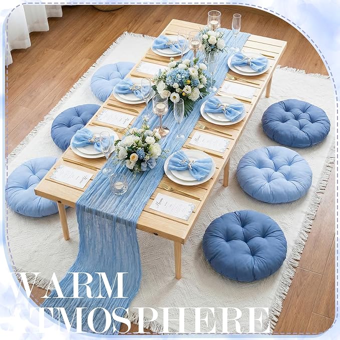Beeveer 91 x 71'' Extra Large Outdoor Picnic Blanket with Blue Picnics Table Runner 6 Napkins and 6 Blue Floor Pillows Cushions for Picnic Party Camping Wedding Bachelorette Birthday Baby Shower Decor