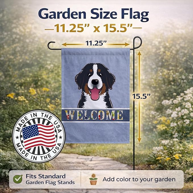 Caroline's Treasures BB1423GF Bernese Mountain Dog Welcome Garden Flag, Blue Mailbox Flag Decorative Yard Flag Banner Outside Patio Artwork Yard Flower Beds, Garden Size, Multicolor